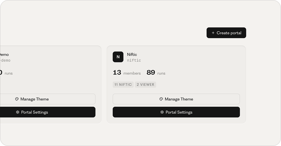 The admin directory listing portals, with a Portal Settings button on each card.