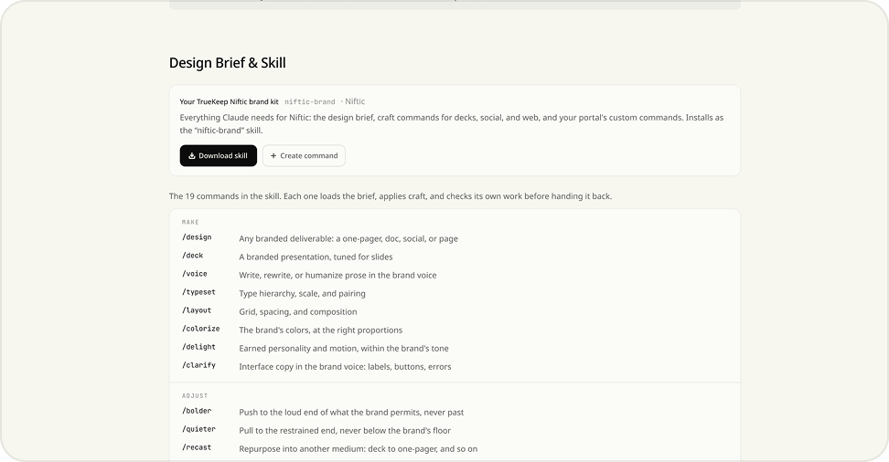 The Design Brief & Skill card, listing the skill's commands with a Download skill button.