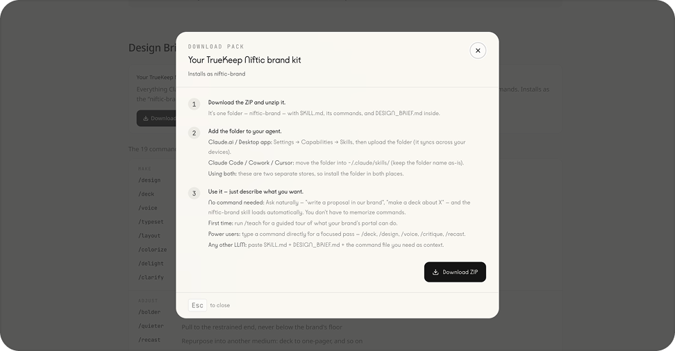 The Download Pack modal, with steps to unzip, add, and use the brand kit.