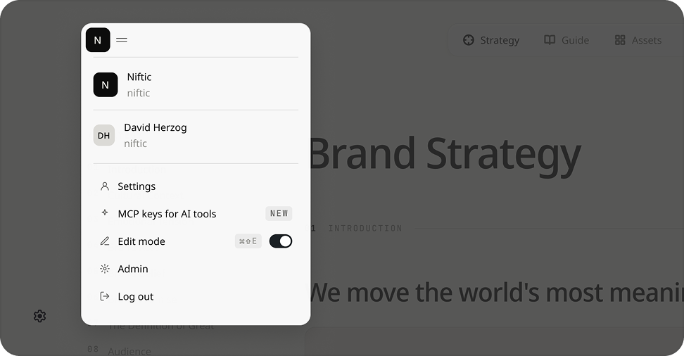 The account menu open, with the Edit mode toggle switched on.