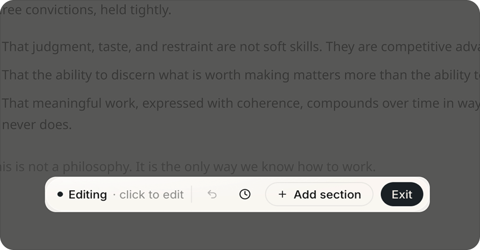The Edit Mode toolbar at the bottom of the screen, showing save status, undo, version history, and Add section.