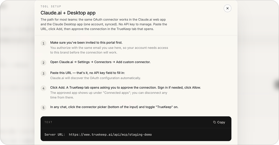 The Claude.ai + Desktop app tool setup instructions.