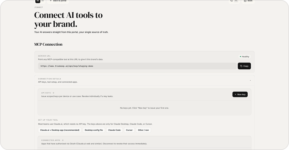 The Connect page, showing the MCP server URL and Set Up Your Tool options.