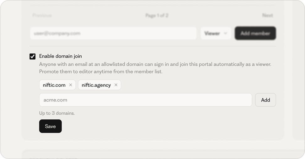 The domain sign-in setting, with a domain added and a Save button.