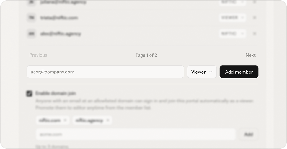 The members section of Portal Settings, with an email field, role selector, and Add member button.