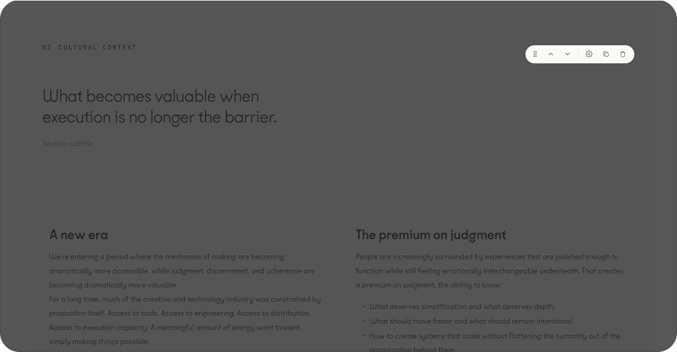 A section toolbar appearing on hover, with reorder, settings, duplicate, and delete controls.