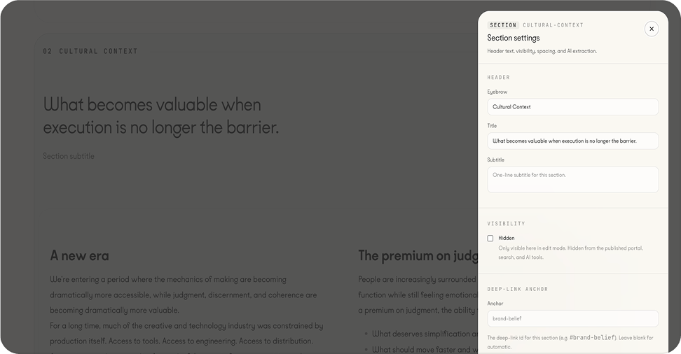The section settings panel, open to edit its header text, visibility, and anchor.